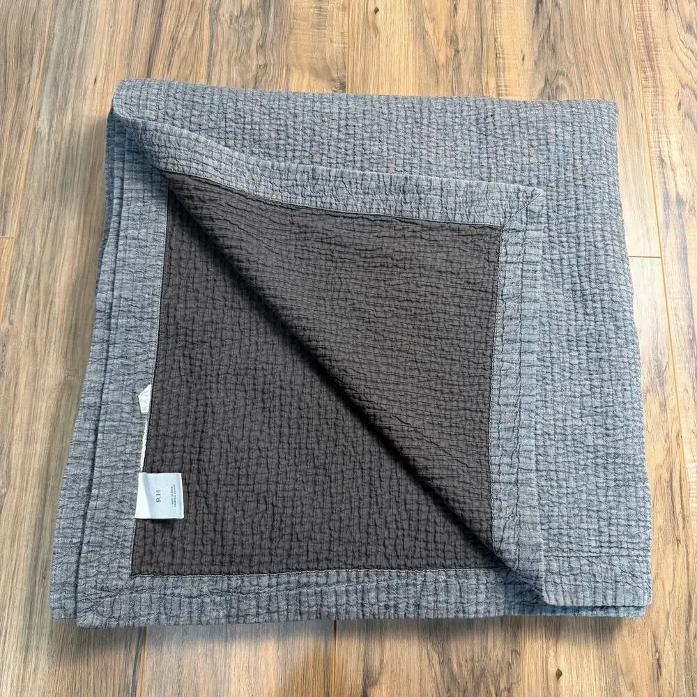 Restoration Hardware Grey Fog WASHED LINEN CHANNEL QUILTED COVERLET Full Queen